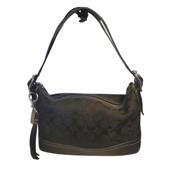 Vintage COACH Signature Black Canvas Leather Hand Bag Purse Handbag LOGO - Picture 2 of 12